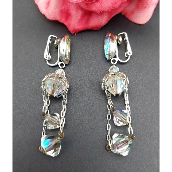 Vintage Lewis Segal AB Crystal Dangle Drop Clip On Earrings Silver Tone Formal - Picture 3 of 11